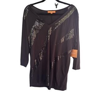 Ellen Tracy Black Tunic Top Black Sequins Womans Plus Sz 2X Long Sleeve Sparkly